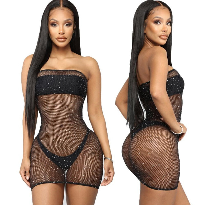 Sexy Lingerie Women Erotic Mini Dress Sequin Mesh Fishnet Bodystockings Ultrathin Sleepwear Sexy Underwear Bodydoll Linerie