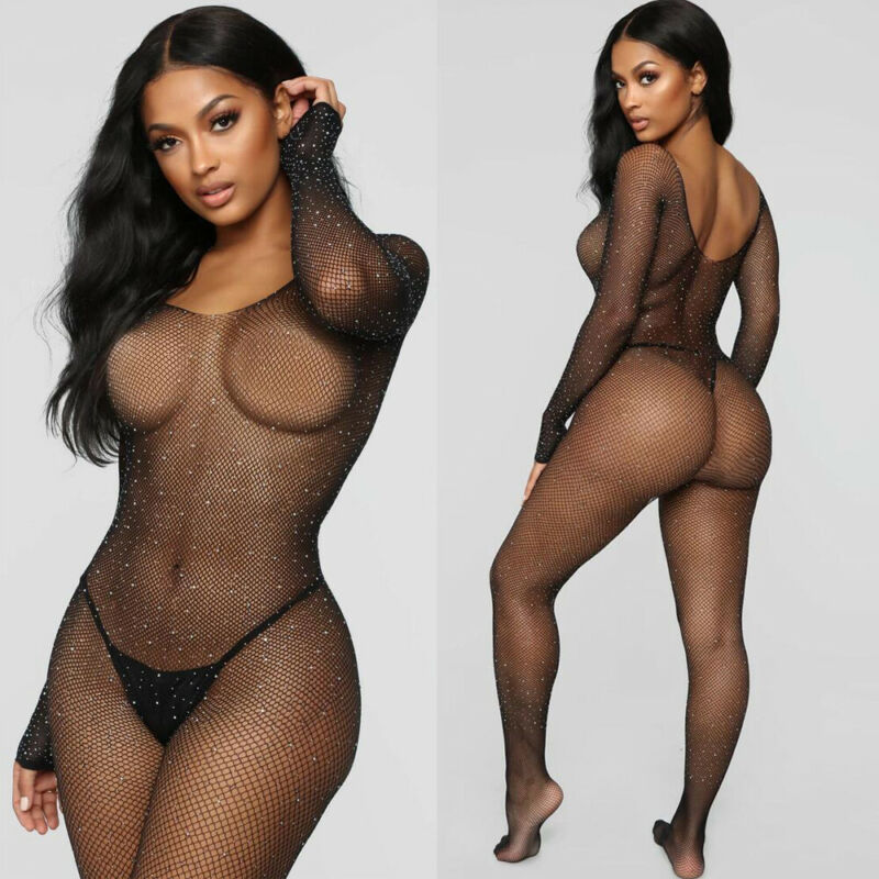 Plus Size Erotic Sexy Lingerie Bling Rhinestone Fishnet Bodysuit Transparent Sex Dress Women Mesh Tights Sexy Exotic Body Socks