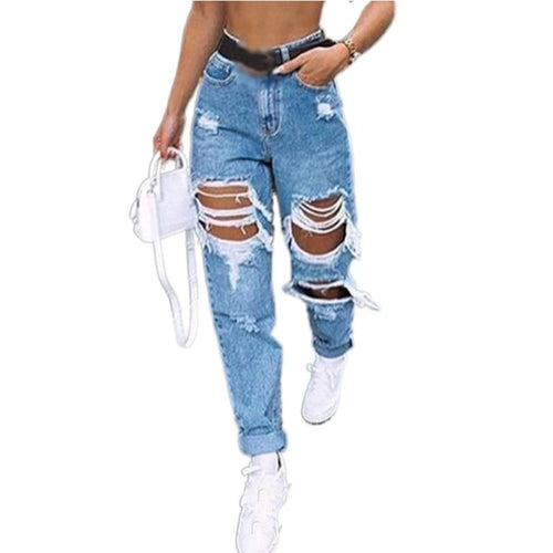 High Waist Ripped Jeans For Women Fashion Straight Leg Causal Blue