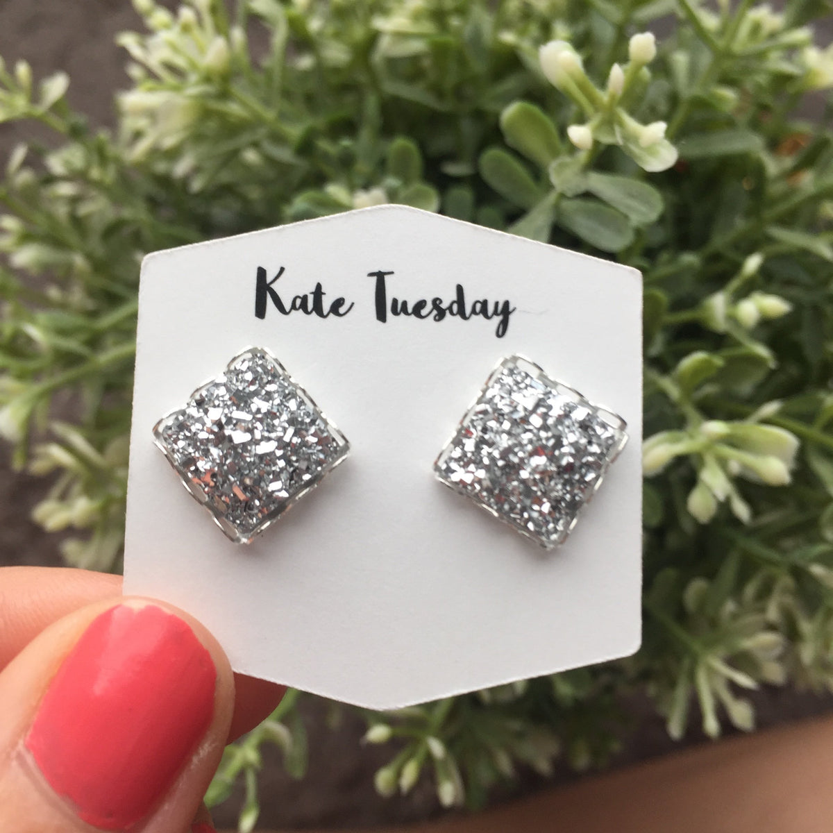 Silver Square Druzy Earrings