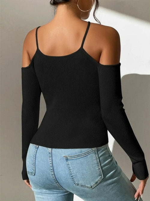 Spring Summer Women Basics Cold Shoulder Ribbed Knit Cross Neck