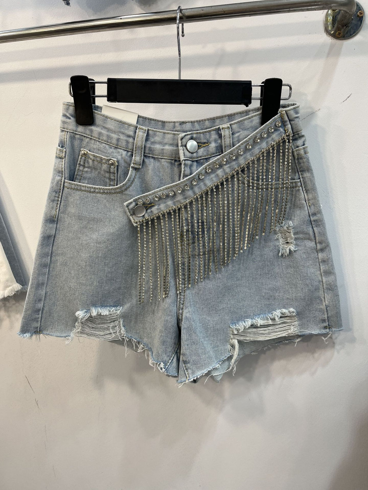 Denim shorts women's summer loose and thin hole rhinestone tassel a-line wide-leg