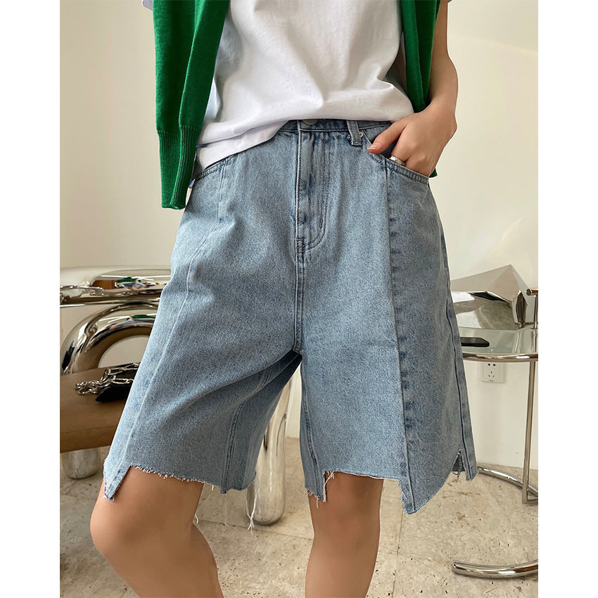 Summer high waist denim pants wide legs loose thin five pants shorts