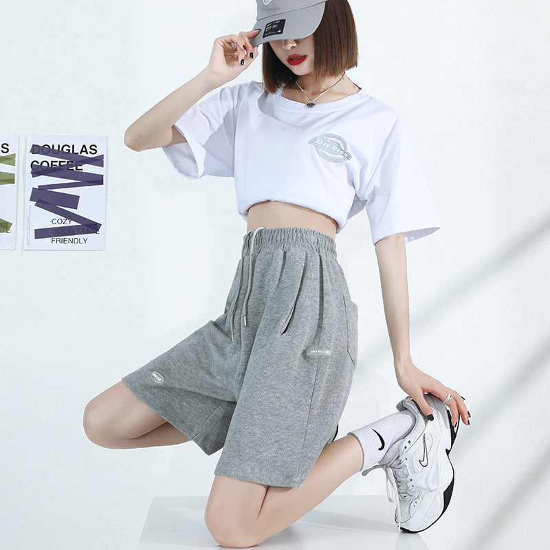 Sports shorts female summer loose casual high waist wide-leg gray five pants sweat tide pants