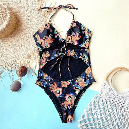 Dragon Print Monokini Bandeau One Piece Swimsuit