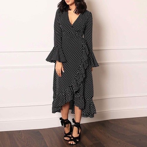 Polka Dot Dress Women Boho Maxi Long Casual V Neck