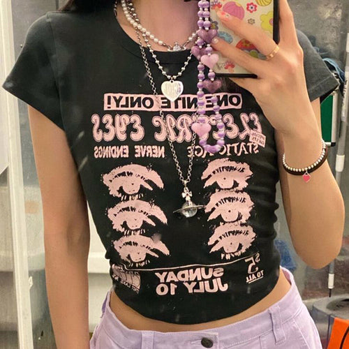 Punk Grunge Graphic Slim Eyes Print Tops Y2k Baby Tees Short Sleeve