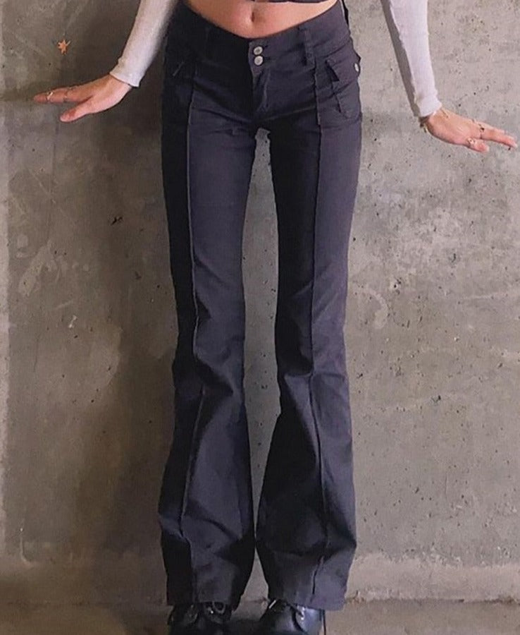 Indie Aesthetics Slim Low Waist Flare Pants E-girl Vintage Pockets Solid Y2K Pants Autumn 90s Black Trousers