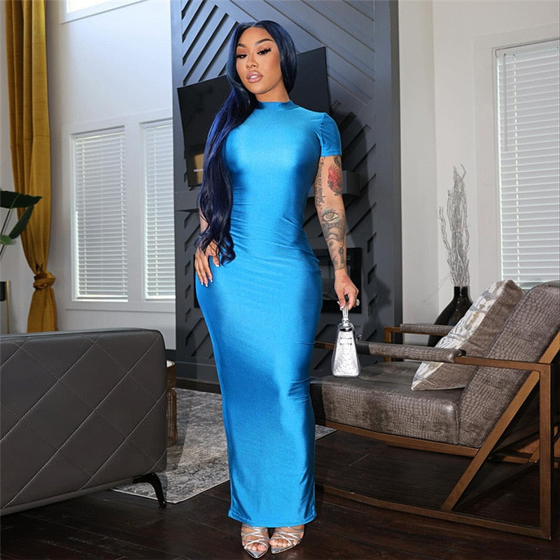 Solid elegant maxi Dress Women Summer New Fashion Sexy O-Neck Short Sleeve Ladies Slim Dresses Clubwear Clothing Vestidos