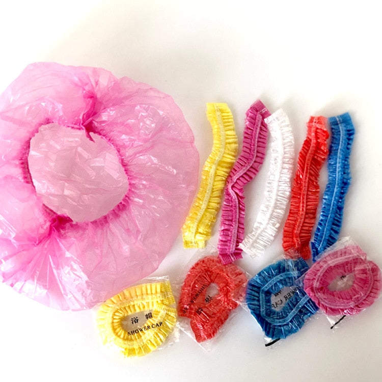 100 Pcs Disposable Shower Cap Plastic Waterproof Headgear Hotel Hair Shower Cap Transparent Plastic Beauty Salon Cap Cling