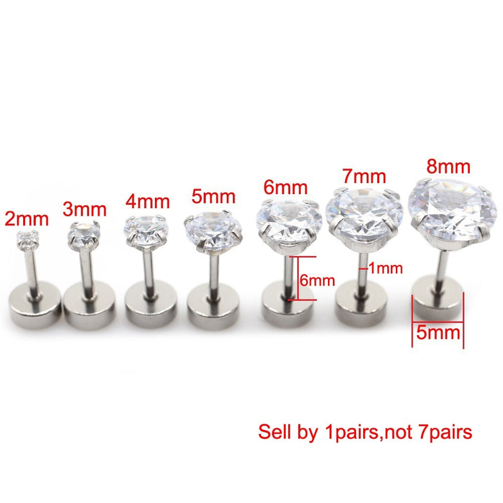 Pair Stainless steel Unisex Women Men Round Crystal Zircon Ear Studs Earrings  4 Prong Tragus Cartilage Piercing Jewelry