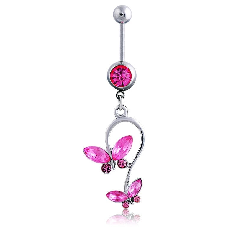 1PC Boho Pink Zircon Belly Button Rings Dangle Heart Butterfly Navel Piercing Surgical Steel Belly Bar Body Piercing Jewelry