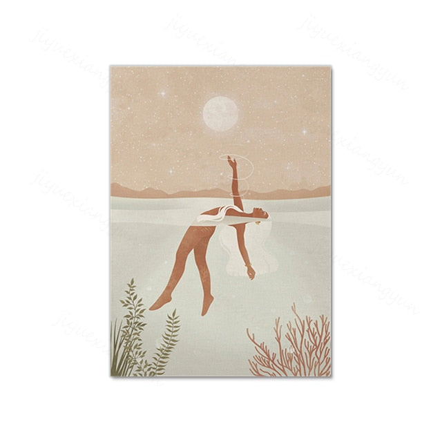 Sun, Moon and Stars Abstract  Posters Yoga Nude Woman Orange Print Boho Nordic Canvas Painting Wall Art Pictures for Home Decor