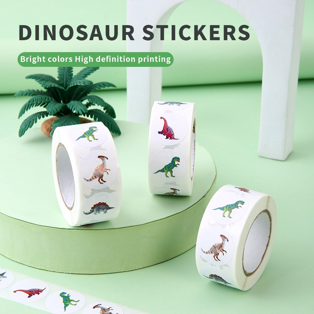 500pcs/roll Round Dinosaur Stickers for Kids Teacher Reward Stickers School Supplies Animal Incentive Roll Sticker