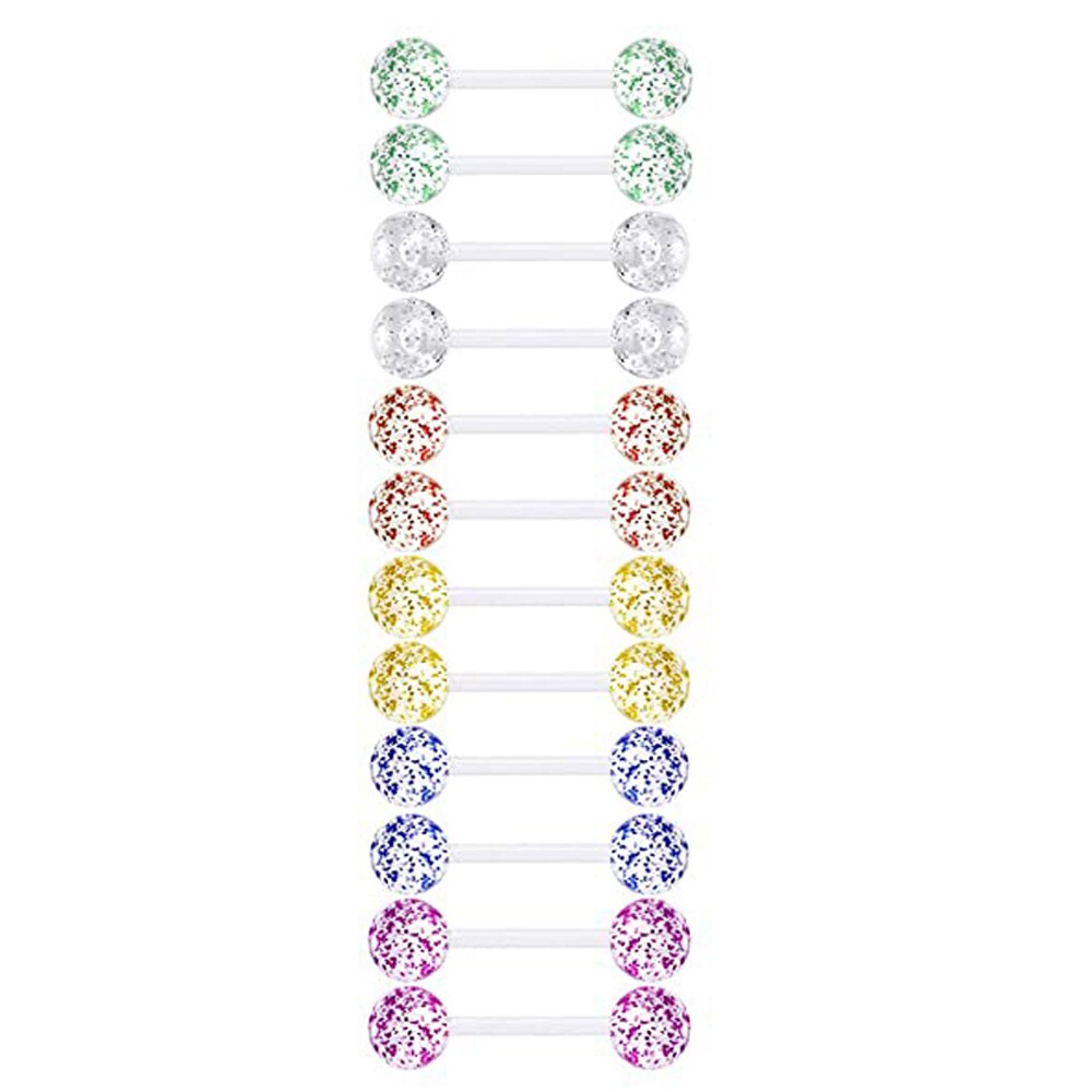 12PCS Plastic Nipple Tongue Ring Flexible Piercing Bar Retainer Work Surgery Glow In The Dark Ball Glitter Bioflex Barbell