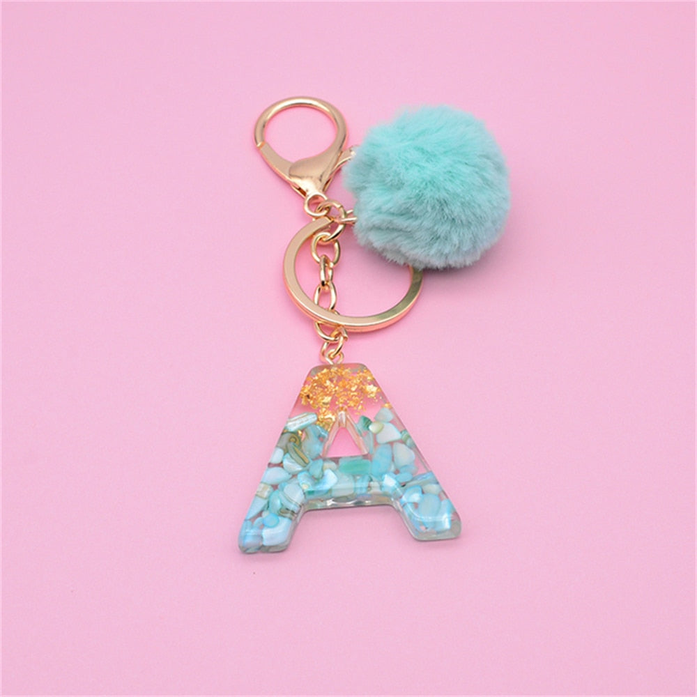 26 Initials Letter Key Pendant With Green Fluffy Pompom Fashion Girls Handbag Glitter Gradient Resin Alphabet Keychain Charms