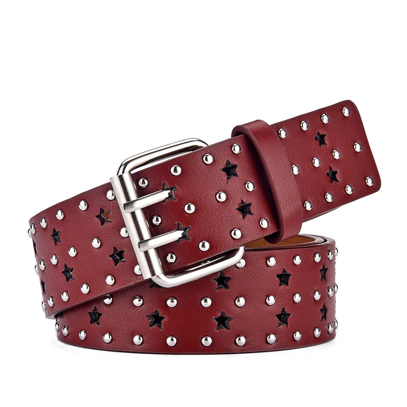 Women's Star Hollow Belt Fashion Double Row Needle Buckle Women's Belt Paired with Jeans Men's Belt Rock Punk Y2K Style