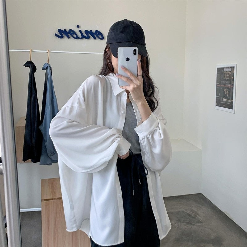 Spring Summer Women Shirt Oversize Elegant Blouses for Women Lantern Sleeve White Shirt Mid-length Shir Coat Women Tunic