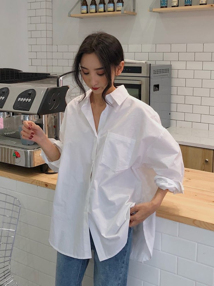 Spring Autumn Women Shirts White Plain Loose Oversized Blouses Female Tops Loose Pockets