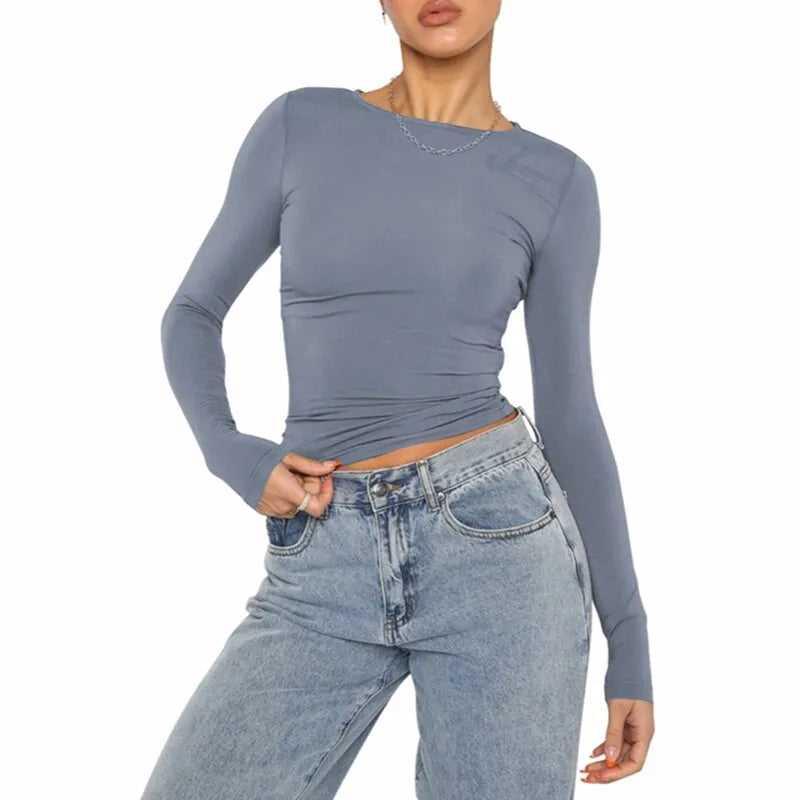 Women Autumn Slim Cropped Tops Solid Color Round Neck Long Sleeve Show Navel TShirt