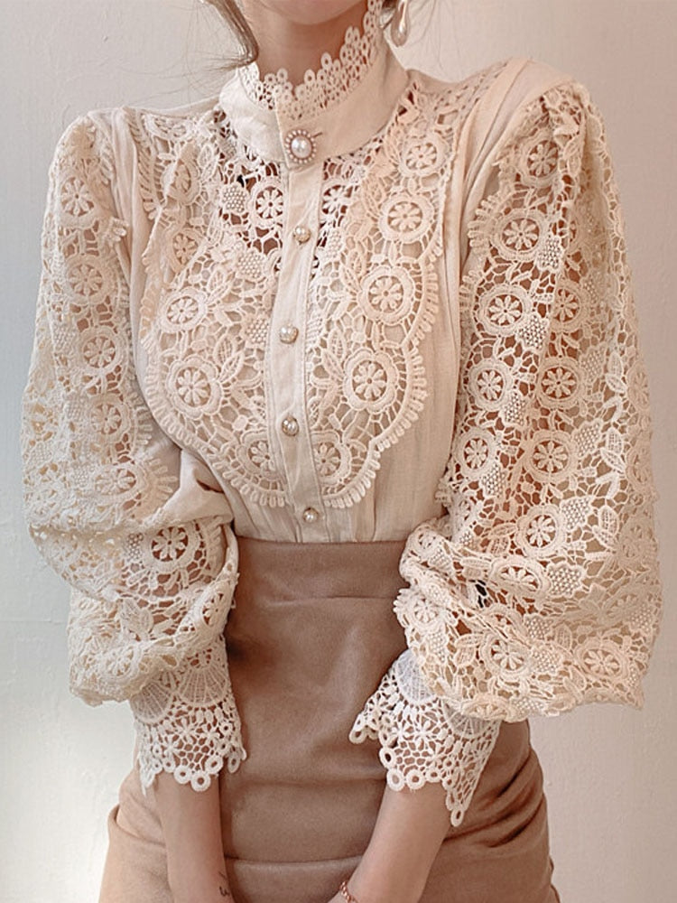 Petal Sleeve Stand Collar Hollow Out Flower Lace Patchwork Shirt Femme Blusas All-match Women Lace Blouse Button White Top