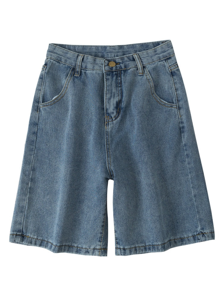 Summer Light Blue Wide Leg Denim Shorts