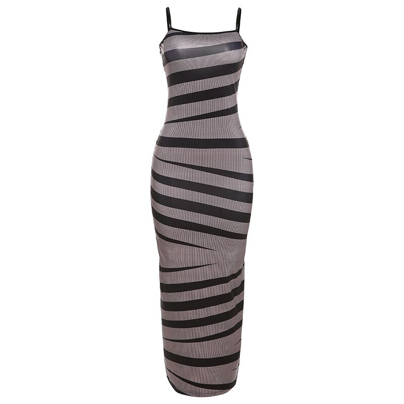 printing Stripes Spaghetti Strap Maxi Dress Women Elegant Wrapped Chest Body-shaping Dresses Trendy Female Outfit Street