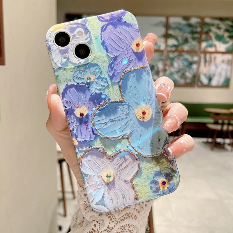 Soft Blue Flower Glitter Laser Phone Case For iPhone 11 12 13 14 Pro Max X XS XR 7 8 Plus SE 2020 22 Mini Bumper Silicone Cover