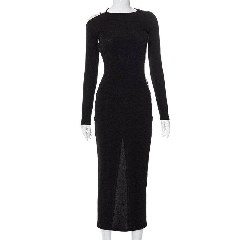 Autumn Ribbed Elegant Maxi Dress Women O-Collar Long Sleeve Backless Split Slim Sexy Streetwear Robe Outing Dresses