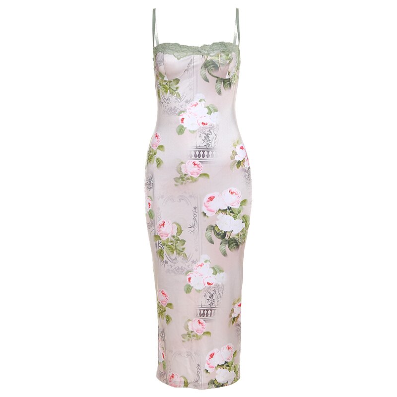 Elegant Flower Printed Maxi Dress Women Lace Stitching Suspender Backless Silk Robe Skinny Retro Party Dresses Vestidos