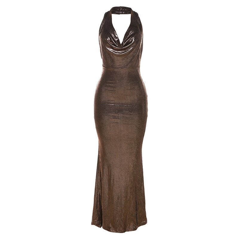 Brown Elegant Sexy Maxi Dress Women V-neck Halter Backless Sleeveless Shiny Evening Dresses Robe New Clubwear Vestidos