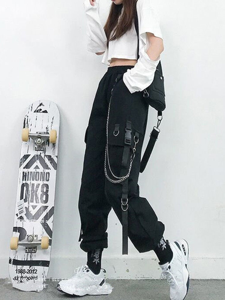 Women Cargo Pants Harem Pants Fashion Punk Pockets Jogger Trousers With Chain Harajuku Elastics High Waist Streetwear