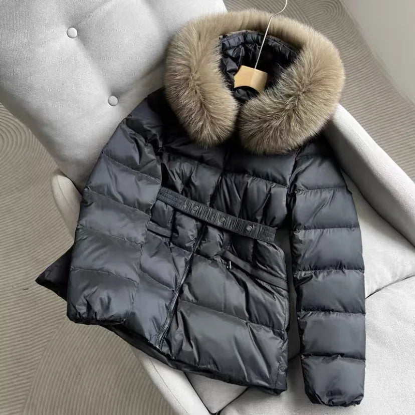 Winter Lady High Quality Fox Hair Hooded White Duck Down Slim Women Warming Thickening Large Feather Neck Down Long Coat