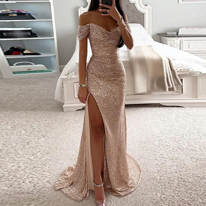 Women Slash Neck High Split Gown Evening Dress Sequins Sharkly Slim Hips Long Dress Spring Summer Off Shoulder Hollow Maxi Dress