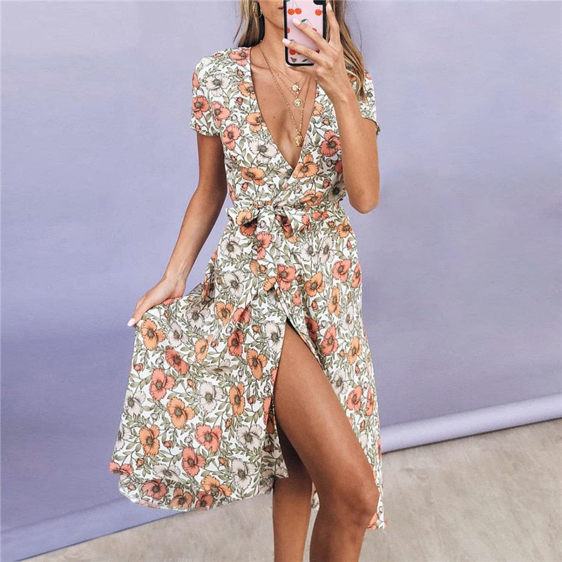 Sexy Deep V neck Long Dress Women Boho