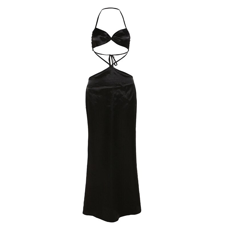 Solid Crisscross Sexy Maxi Dress Women Midnight Halter Bandage  Aesthetic Evening Dresses Elegant Party Clubwear Robe