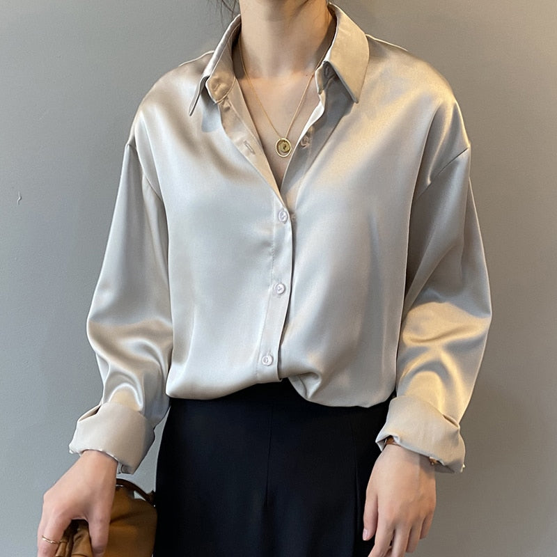 Autumn Button Up Satin Silk Shirt Vintage Blouse Women White Lady Long Sleeves Female Loose Street Shirts