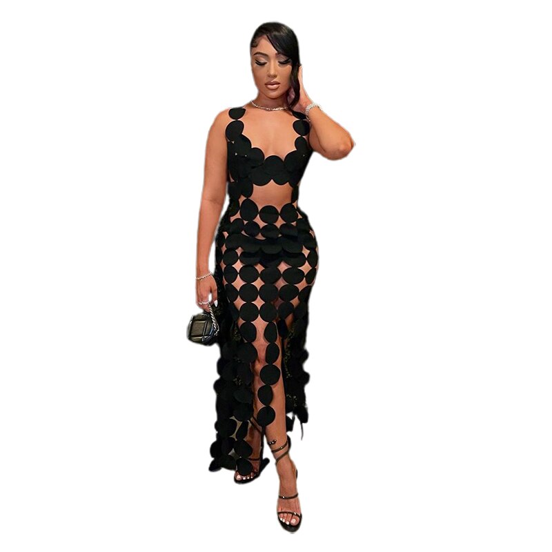 Geometric Rule Cutting Maxi Dress Women Summer See Through Cleavage Robe Female Tassels Backless Sexy Club Clothing