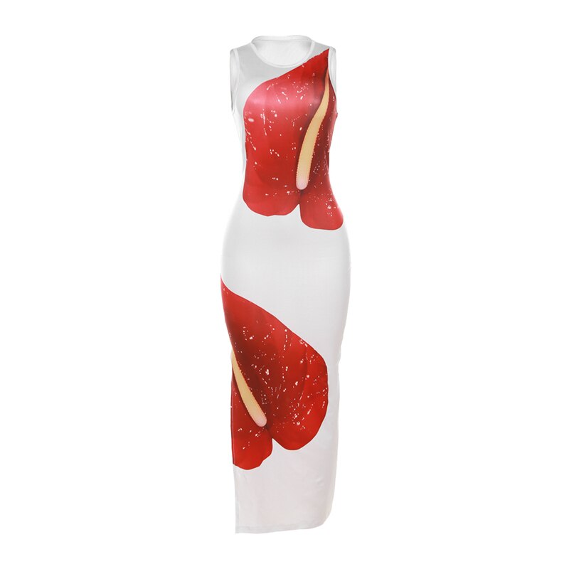 Sexy Red Lip Print Maxi Dress Women Elegant Round Neck Sleeveless Side Split Summer Female Evening Dresses Streetwear