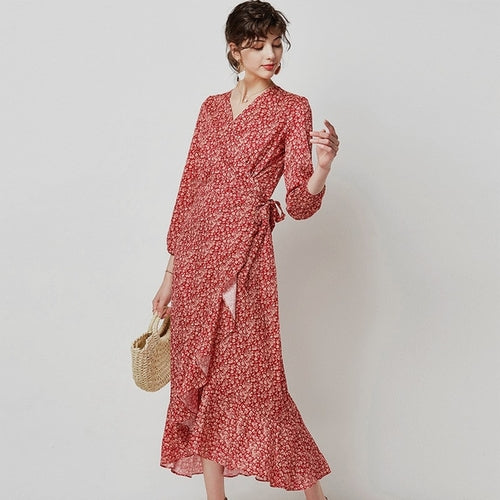 Women Boho Floral Print Casual Long Wrap Dress