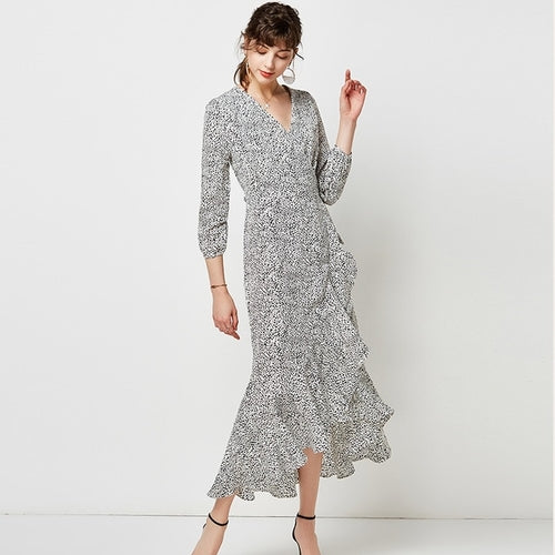 Women Dot Print Casual Long Dress Split Sexy V