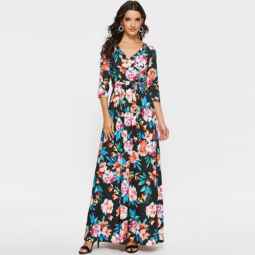 Women Elegant Long Dress Sexy V Neck Printed