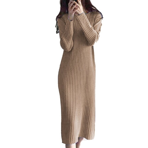 Women Knitted Long Dress Elegant Ladies O neck