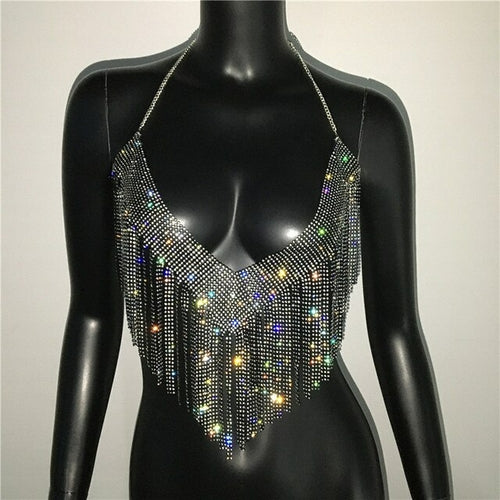 Women Luxury Handmade Shiny Crystal Rhinestone Crop Backless Top Metal