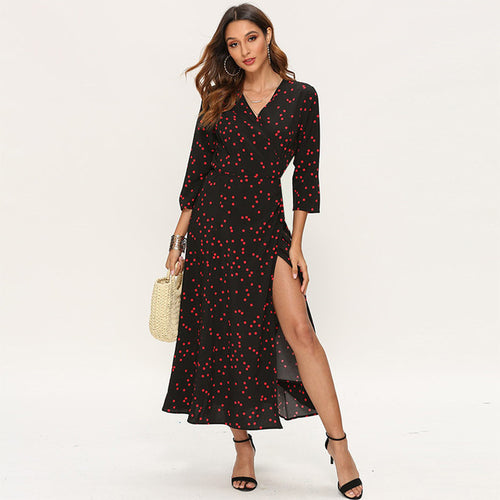 Women Polka Dot Long Dress Boho Sexy V Neck Split