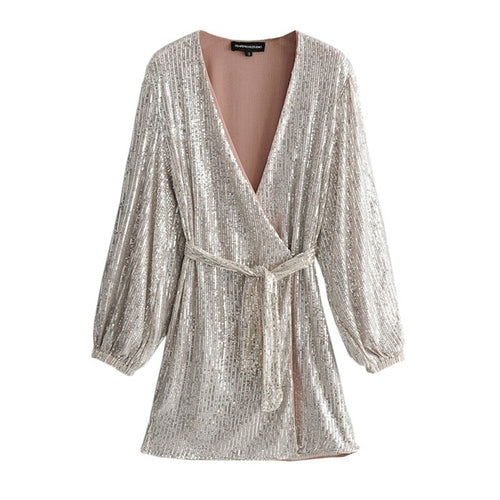 Women Sequin Party Dress Deep V neck Sexy