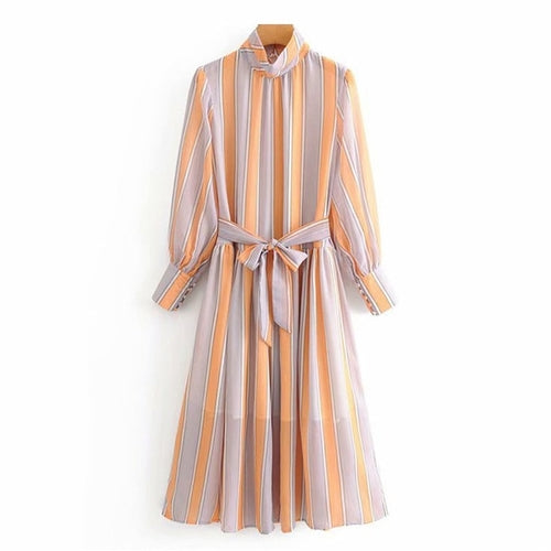 Women Striped Long Shirt Dress With Belt Office