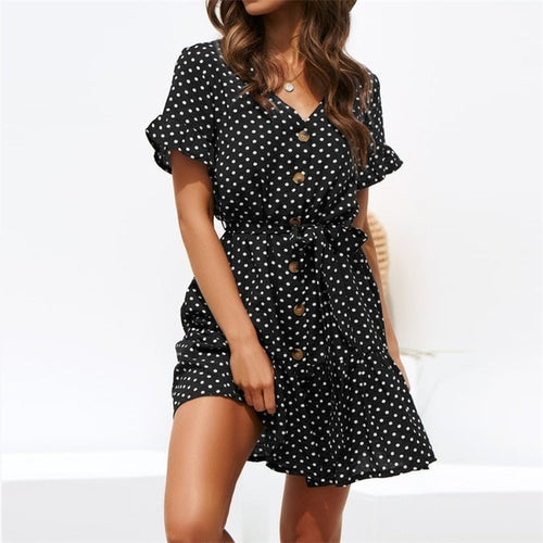 Women Beach Dress Casual Short Sleeve Polka