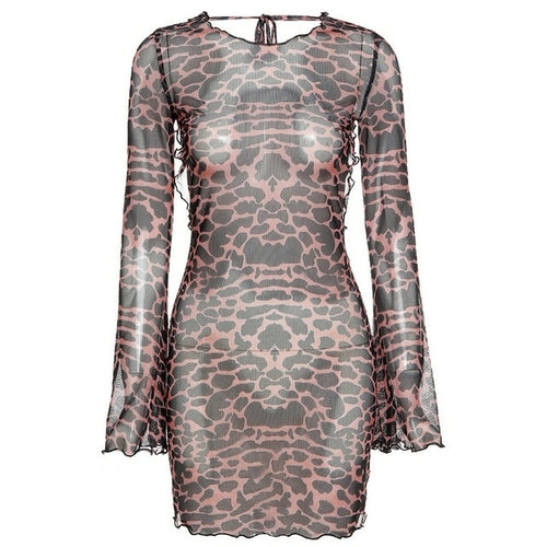 Leopard Print Backless Dress Women Long Sleeve Mesh Dress