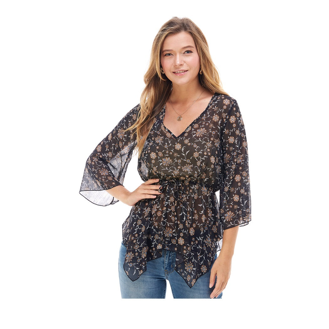 Paisley Floral Print Hanky Hem Bell Sleeves Blouse